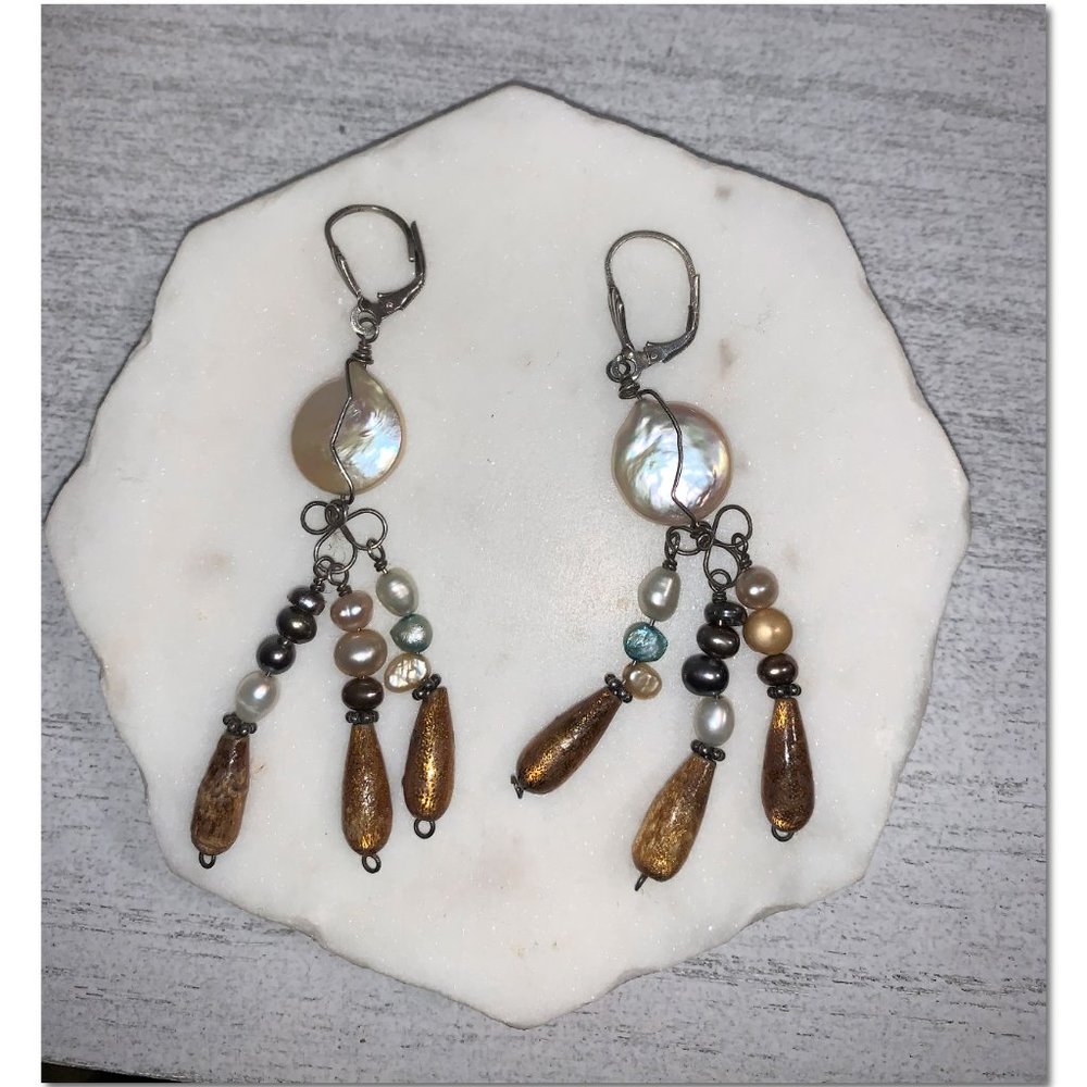 Boho Sterling Silver Mother of Pearl Beaded Dangle Earrings Lever Closure